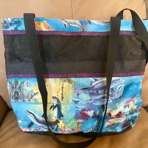 Handbags - Save the Oceans Whales & Dolphins Netted & Fabric Beach Pool Travel Tote Bag